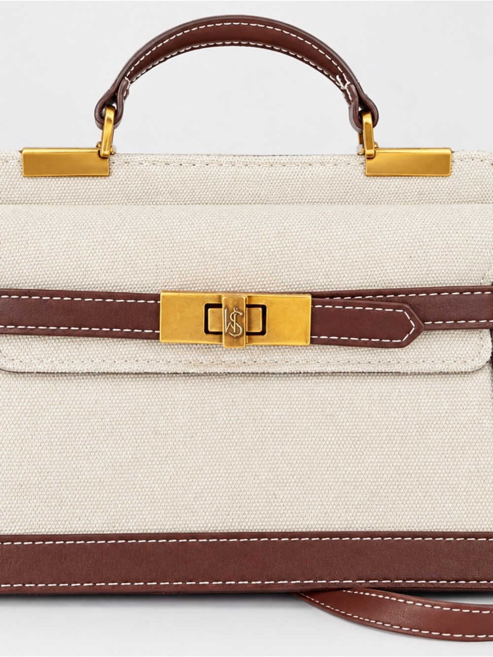 Steve Madden Beige Hand Bag with Brown Leather Trim and Gold Hardware